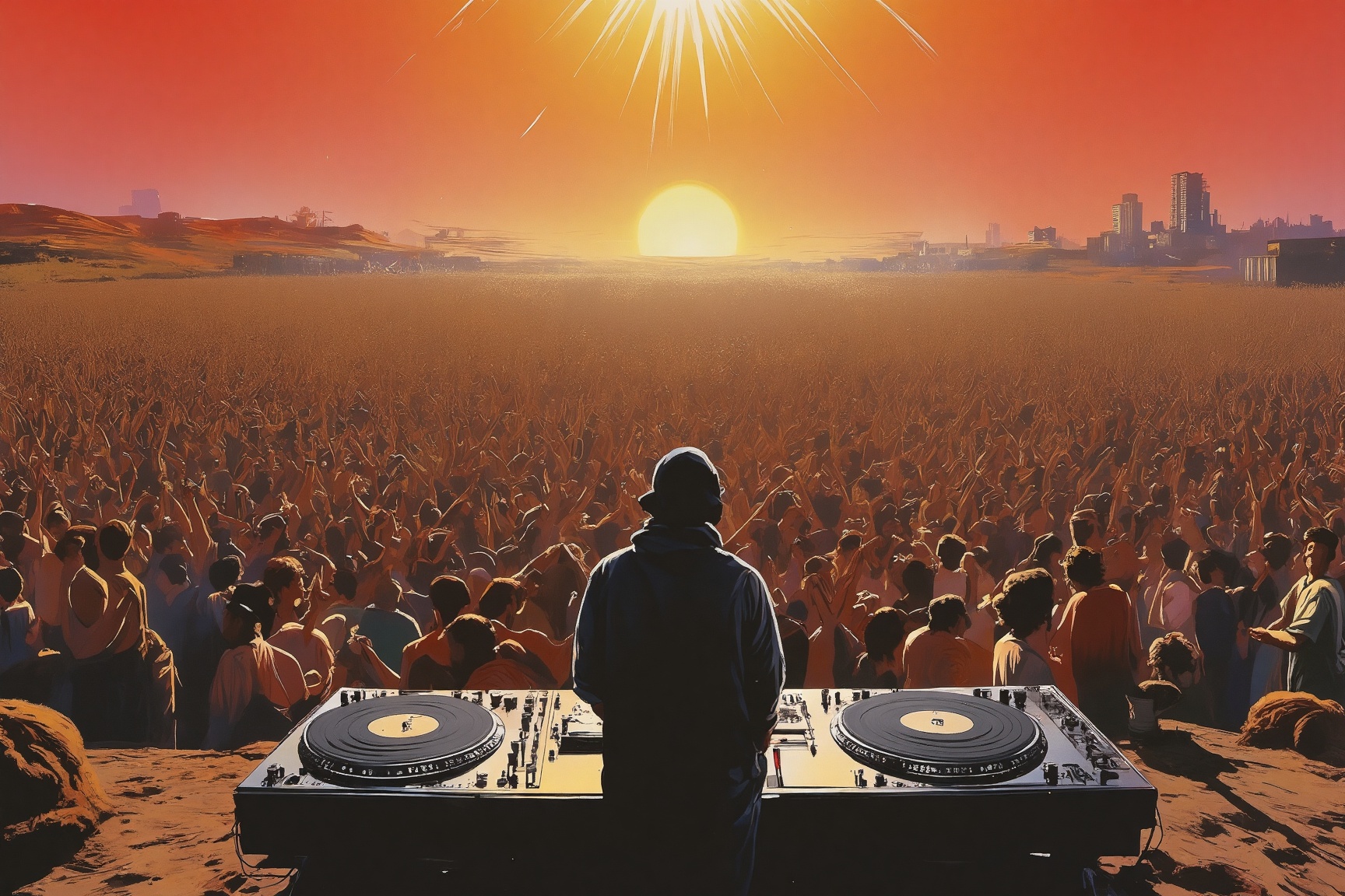r41nd4nc3 style,  The image depicts a vibrant and dynamic scene of a DJ performing at an outdoor concert under a dramatic...
