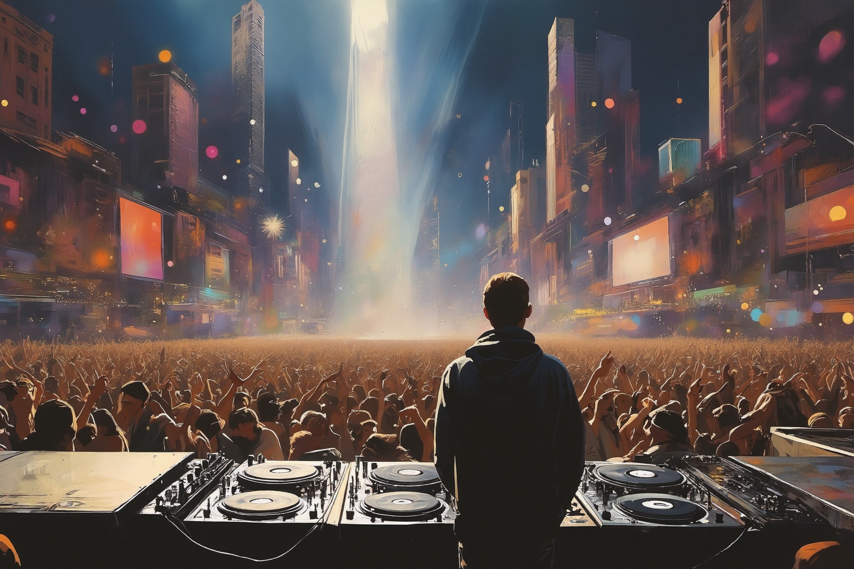 r41nd4nc3 style,  The image depicts a dynamic scene of a DJ performing at a large outdoor concert. The DJ,  a male figure...