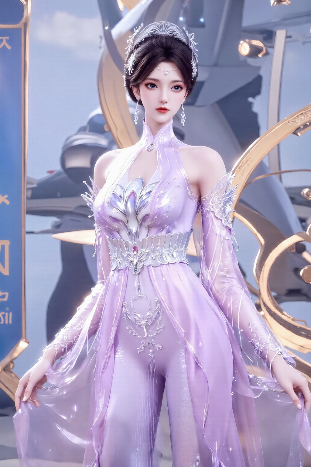 The image depicts a character dressed in an elaborate,  futuristic outfit. The character is wearing a lavender-colored bod...