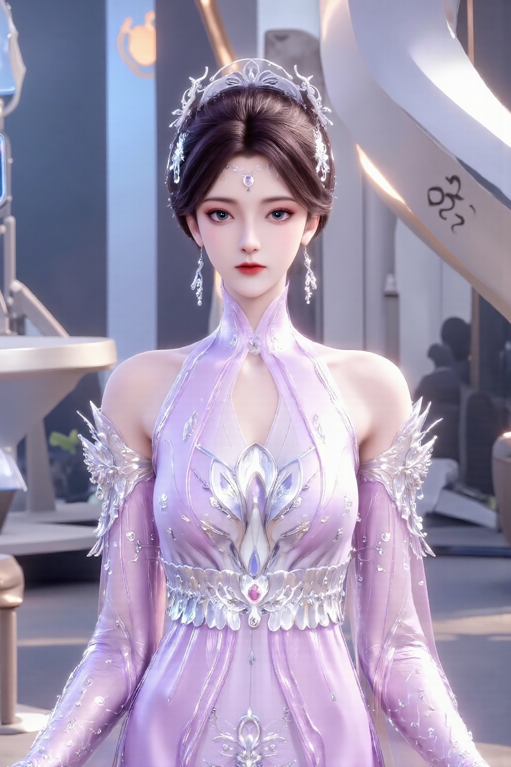 The image depicts a character dressed in an elaborate,  futuristic outfit. The character is wearing a lavender-colored bod...