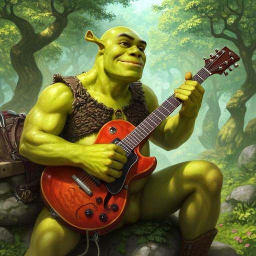 highly detailed digital illustration in SabudenegoRealisticMIX style that depicts Shrek playing on a eletrctic guitar on T...