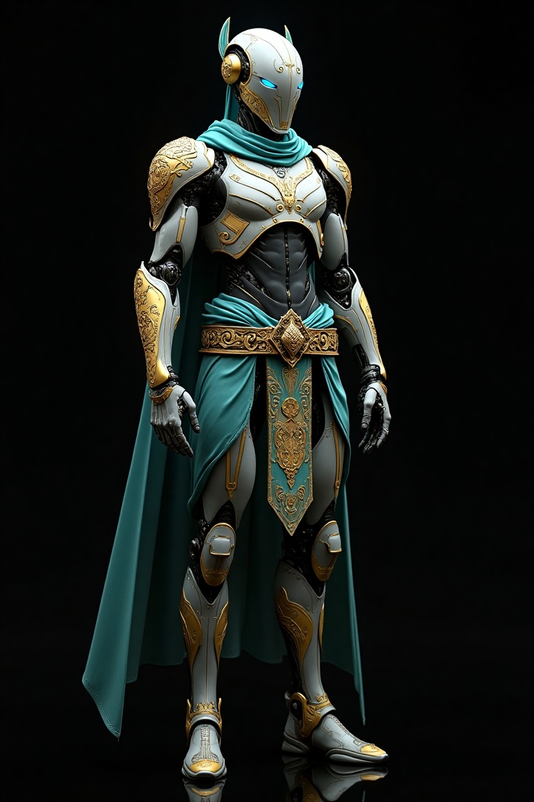 A highly detailed futuristic humanoid robot warrior standing against a black background. The robot features a sleek,  musc...