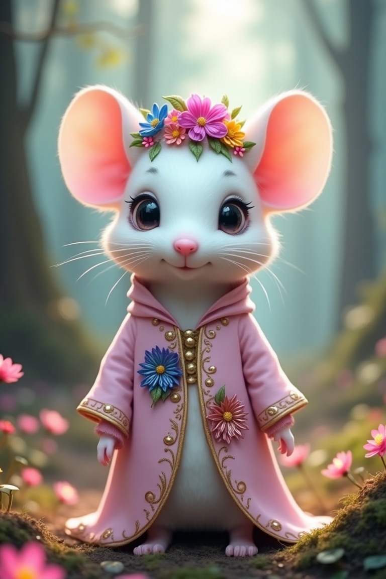 A cute,  anthropomorphic white mouse with big round black eyes and soft pink inner ears,  standing in an enchanted forest...
