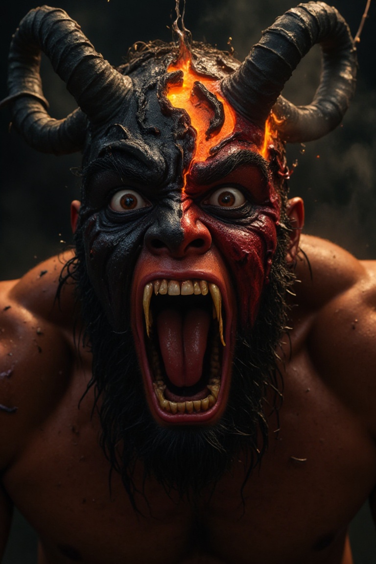 A terrifying and intense portrait of a demonic man screaming in rage,  captured in dramatic cinematic lighting. His face i...