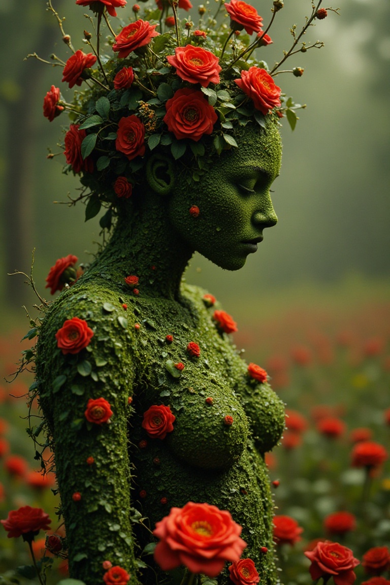 masterpiece,  best quality,  A hyper-realistic Close up shot of a figure completely made of grass and red flowers in femal...