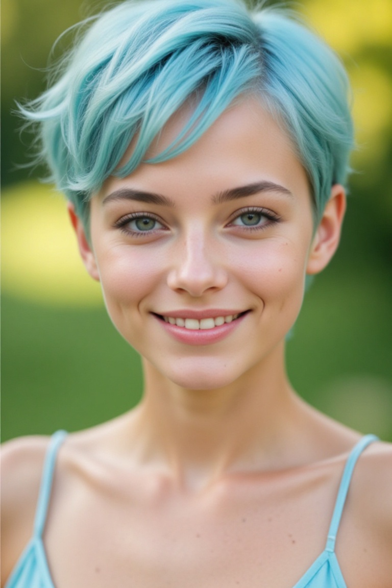 A beautiful young woman with short,  messy,  pastel blue hair and striking blue eyes on Tensor.Art