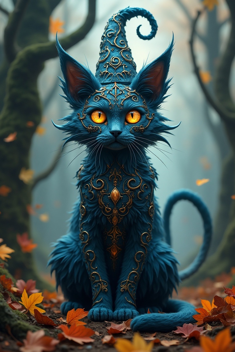 A fantasy-style,  intricately designed magical cat sitting in the middle of an enchanted autumn forest. The cat has glowin...