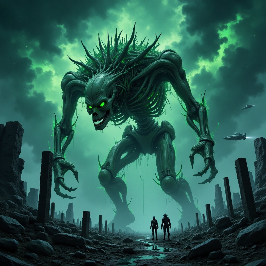 A colossal,  skeletal tree creature,  glowing with an eerie green bioluminescence on Tensor.Art