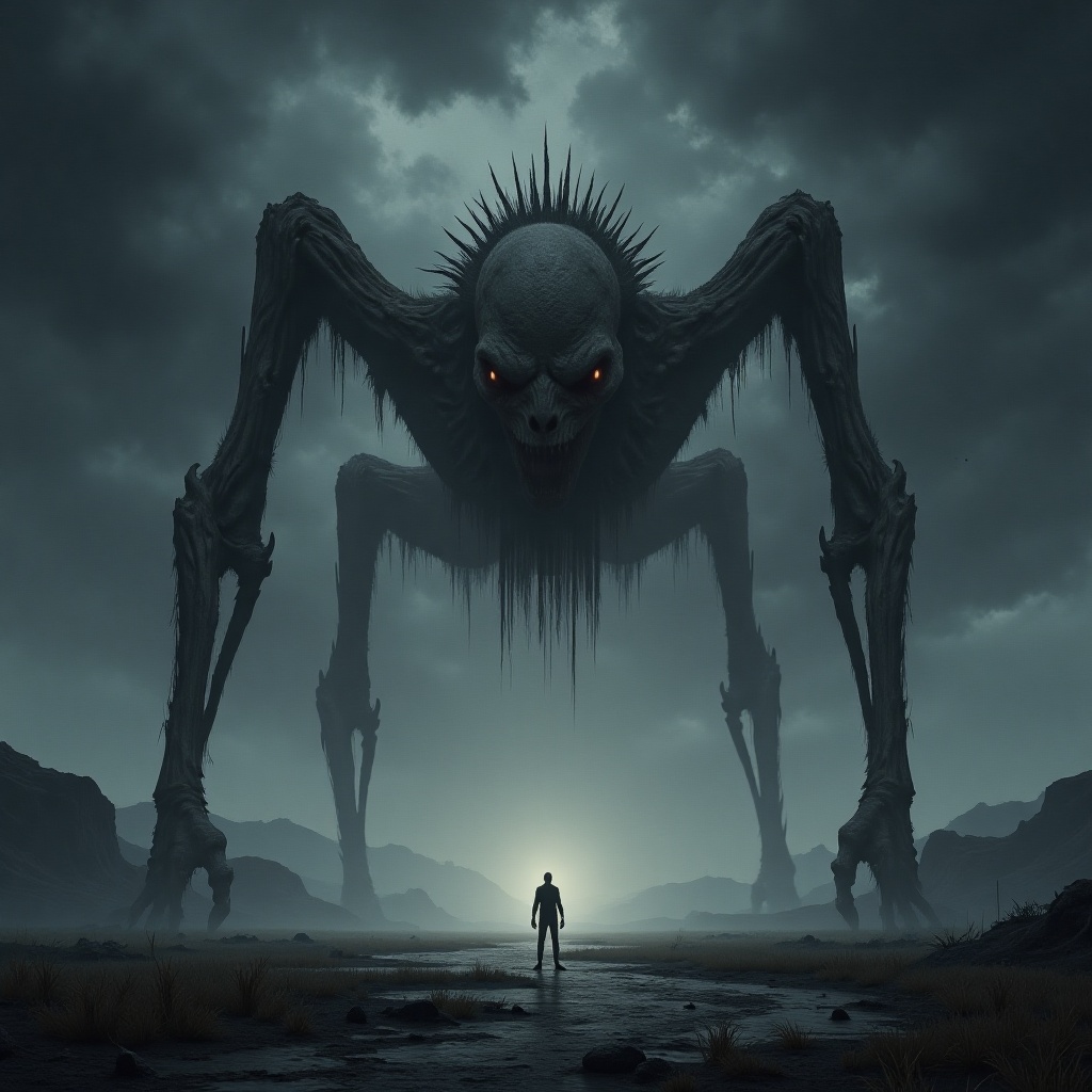 A hyperrealistic,  ultra-detailed depiction of a towering,  emaciated humanoid figure on Tensor.Art