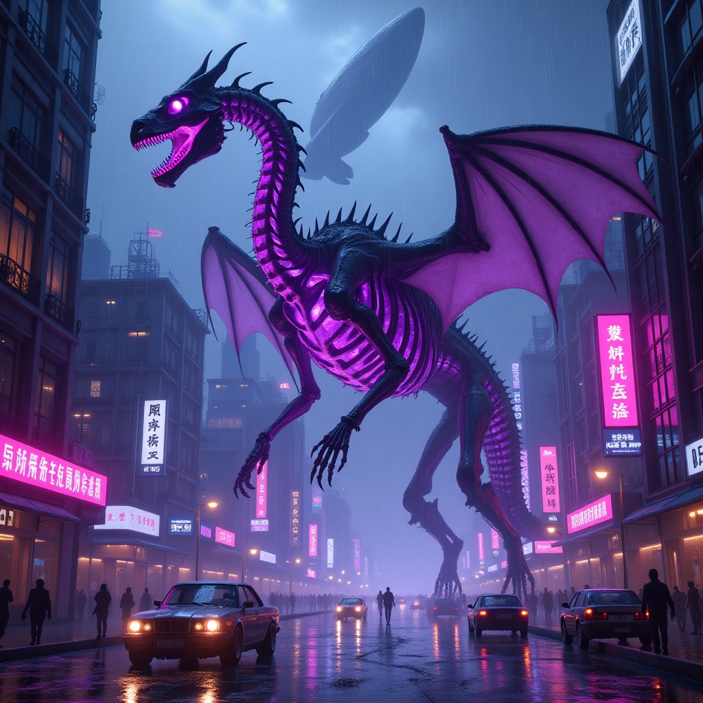 A colossal skeletal dragon,  its cavernous ribcage glowing with vibrant,  pulsating purple energy on Tensor.Art
