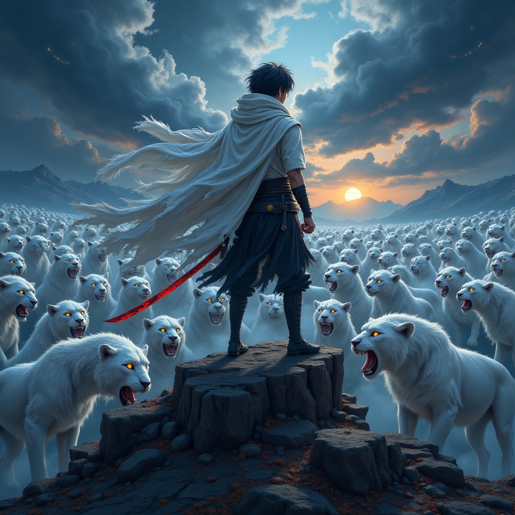 "A dark anime protagonist standing atop a mountain of white lions,  his tattered cloak blowing in the wind. Millions of gl...