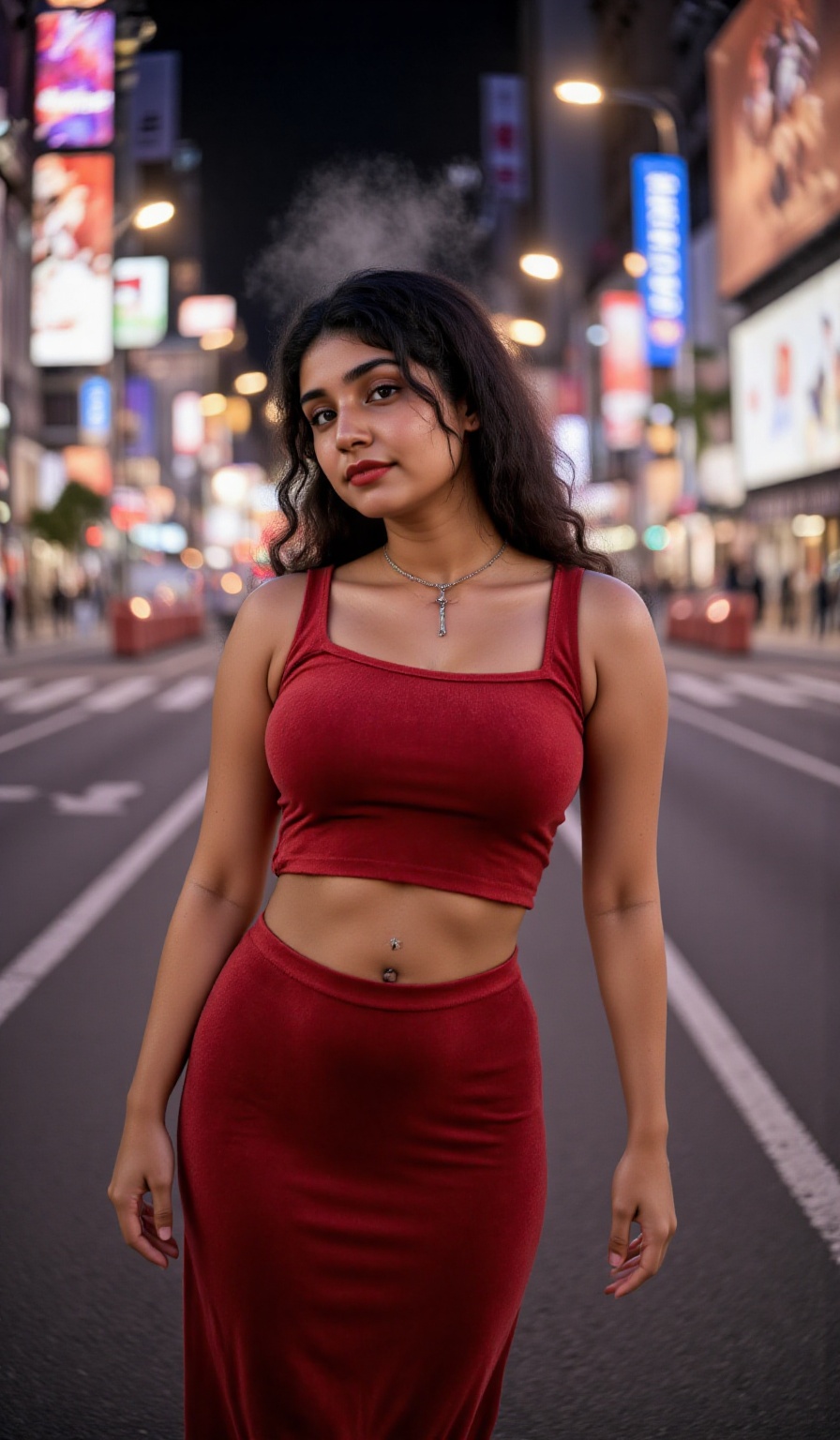 A 25-year-old woman stands confidently in the midst of a vibrant cityscape at night,  wearing a striking red dress that hu...