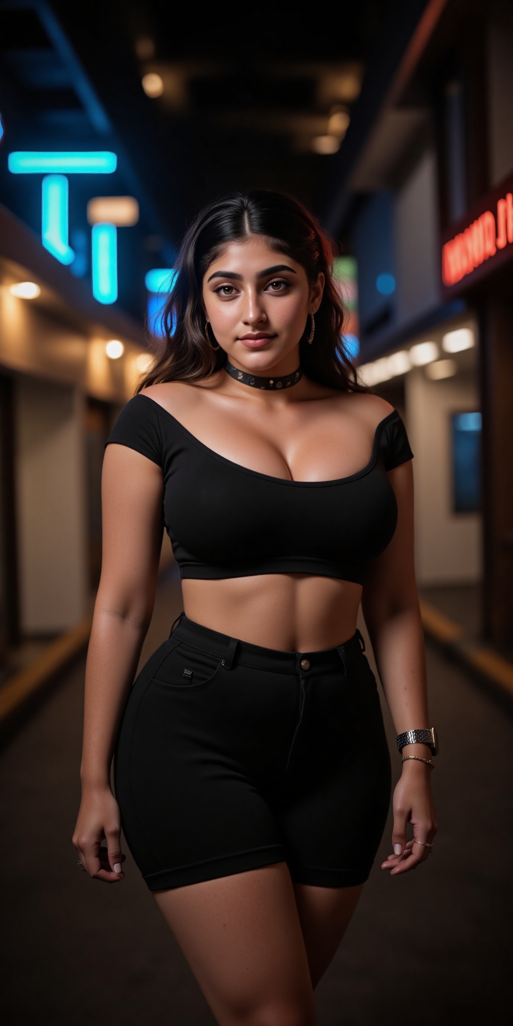 Indian woman A young woman with light brown skin and dark wavy hair stands in a narrow dimly lit Asian street at night. Sh...