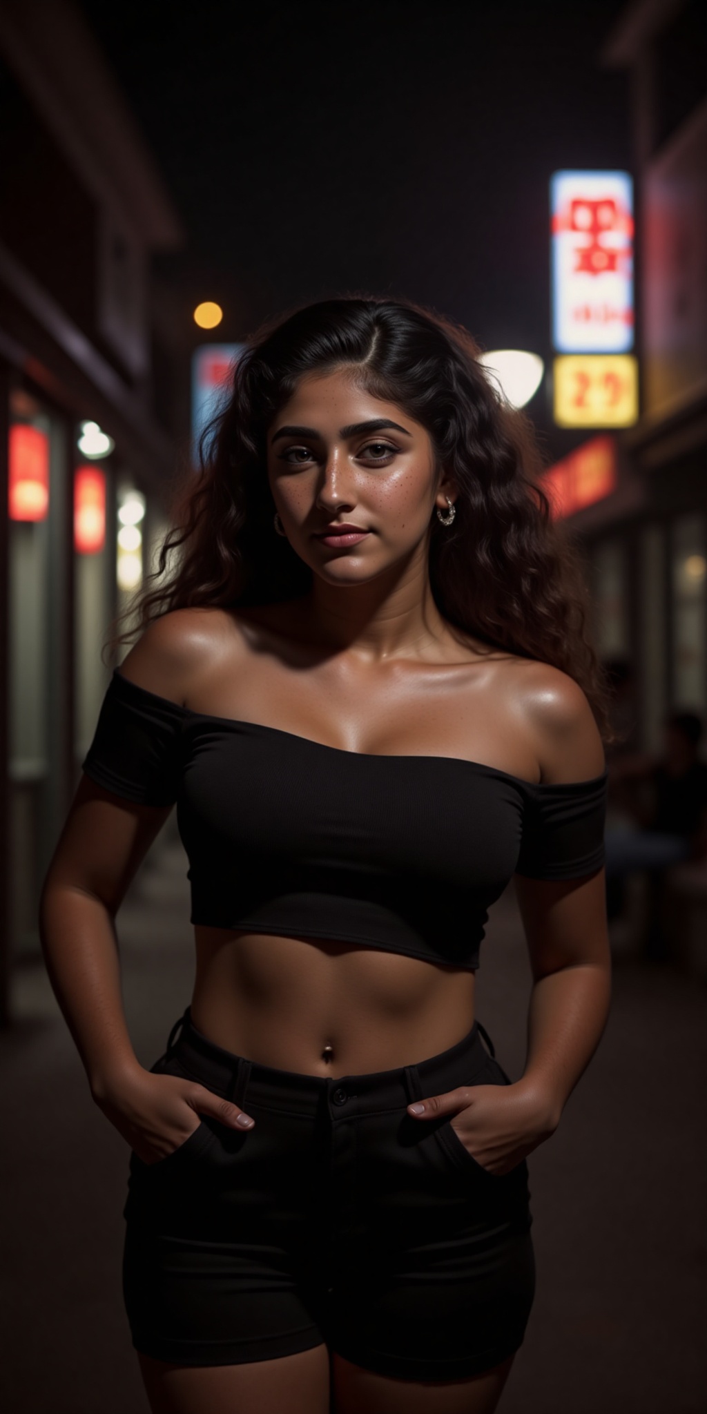 Indian woman A young woman with light brown skin and dark wavy hair stands in a narrow dimly lit Asian street at night. Sh...