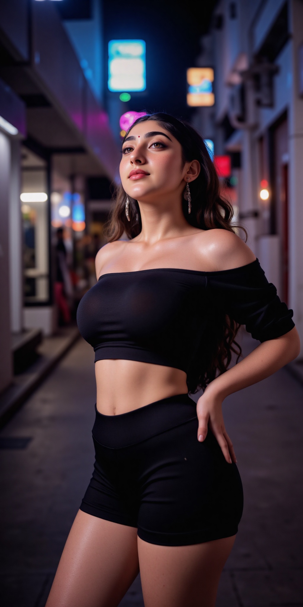 Indian woman A young woman with light brown skin and dark wavy hair stands in a narrow dimly lit Asian street at night. Sh...