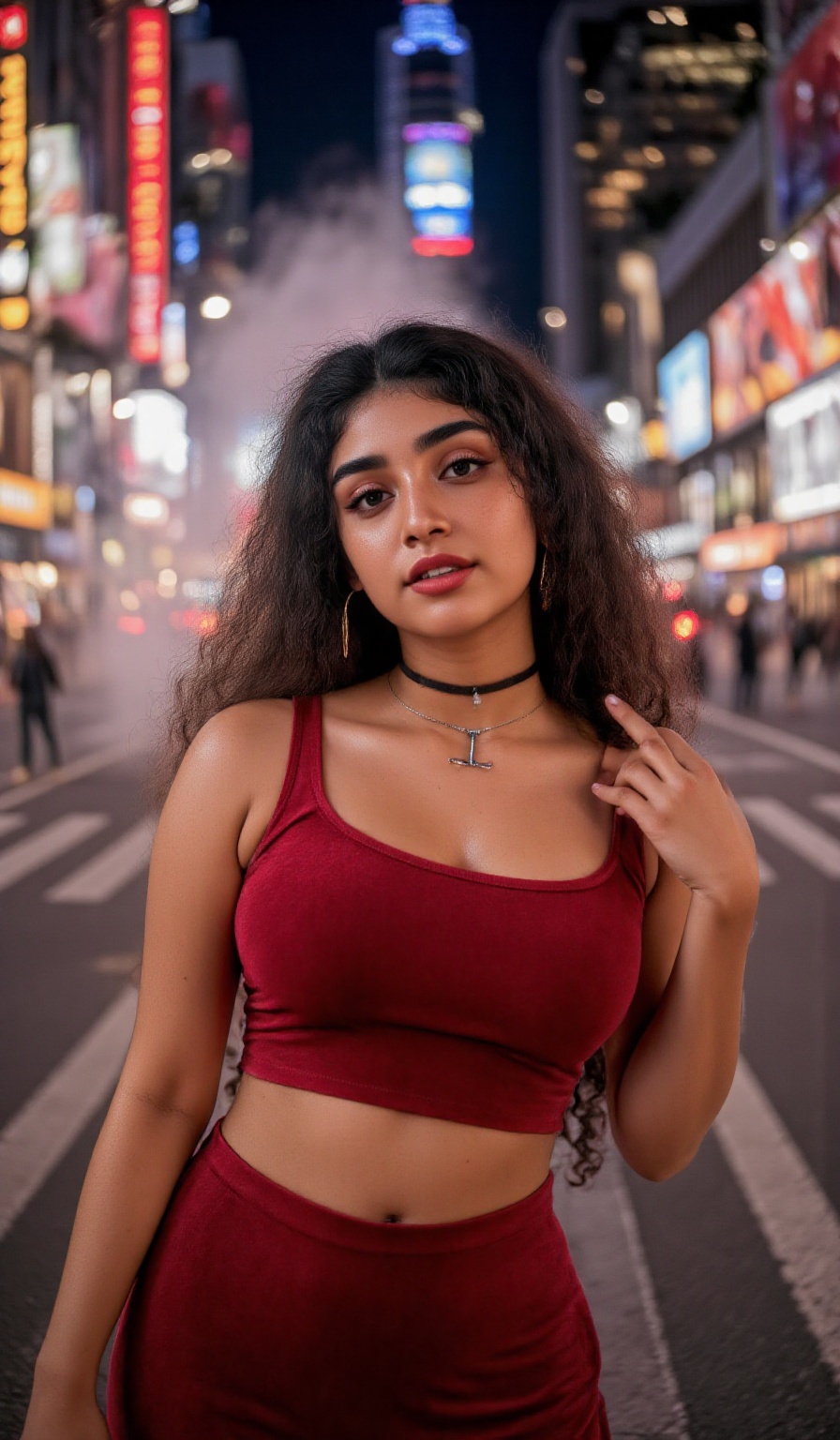 A 25-year-old woman stands confidently in the midst of a vibrant cityscape at night,  wearing a striking red dress that hu...
