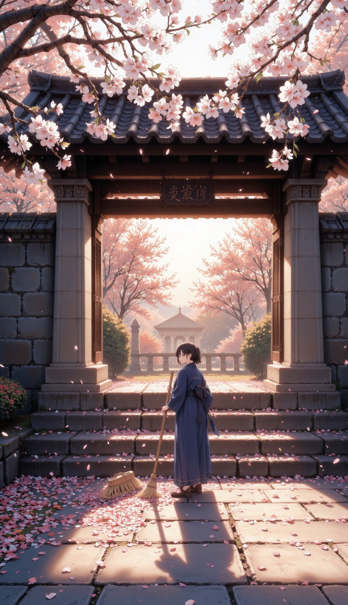 A temple apprentice in a simple yukata sweeping fallen sakura petals from stone steps,  framed by the temple gate and a fl...