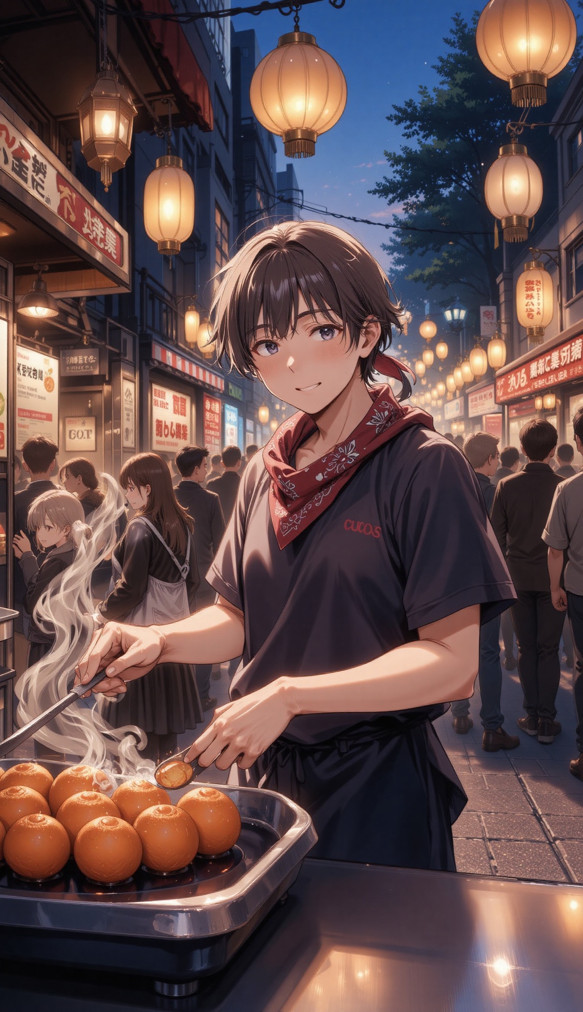 A street food vendor in a loose bandana flipping takoyaki,  framed by steam,  hanging lanterns on Tensor.Art
