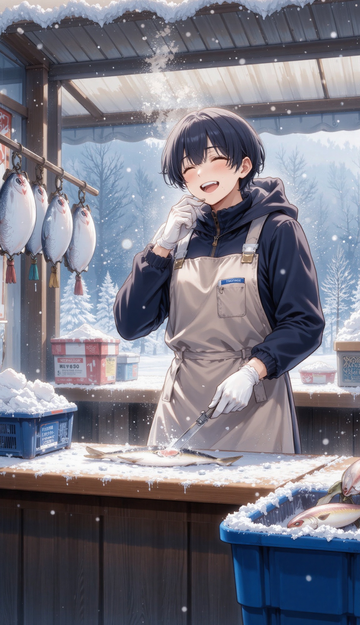 An anime market fish seller in waterproof apron laughing while cleaning fish under an awning,  framed by hanging scales an...