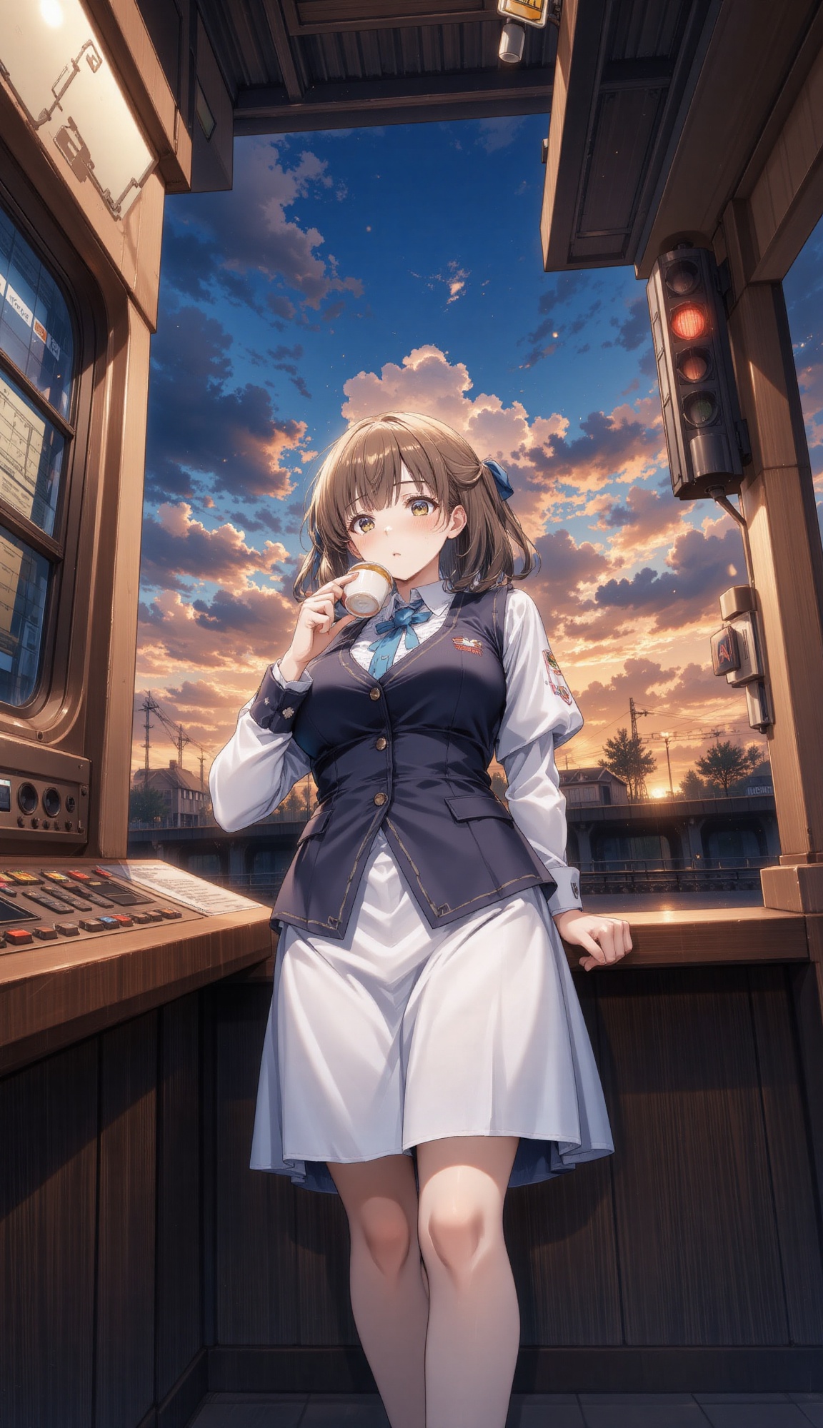 A train station announcer in a neat uniform leaning by the control panel sipping tea,  framed by window grids and signal l...