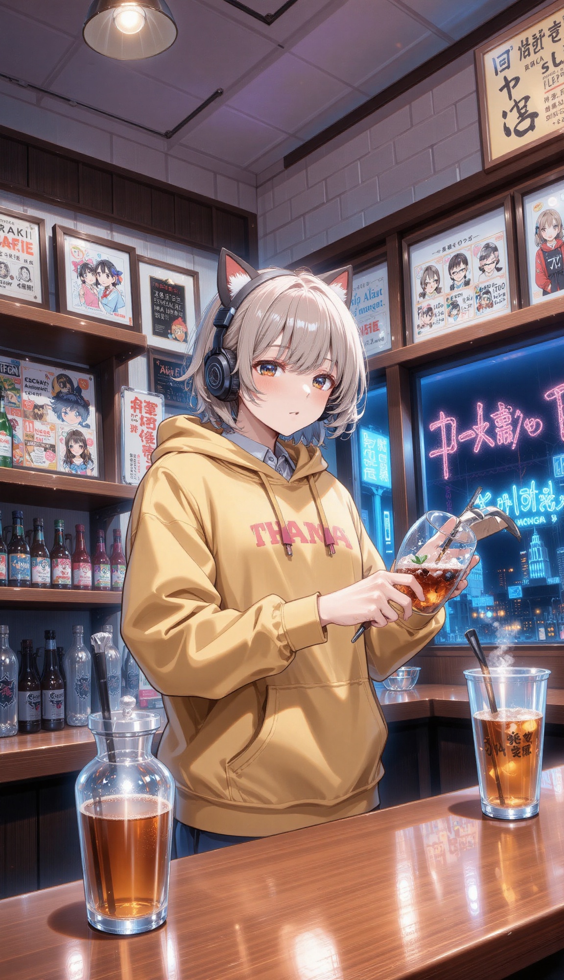 A manga café clerk in hoodie and cat ear headphones serving drinks,  framed by neon signs and manga shelves,  with cyberpu...