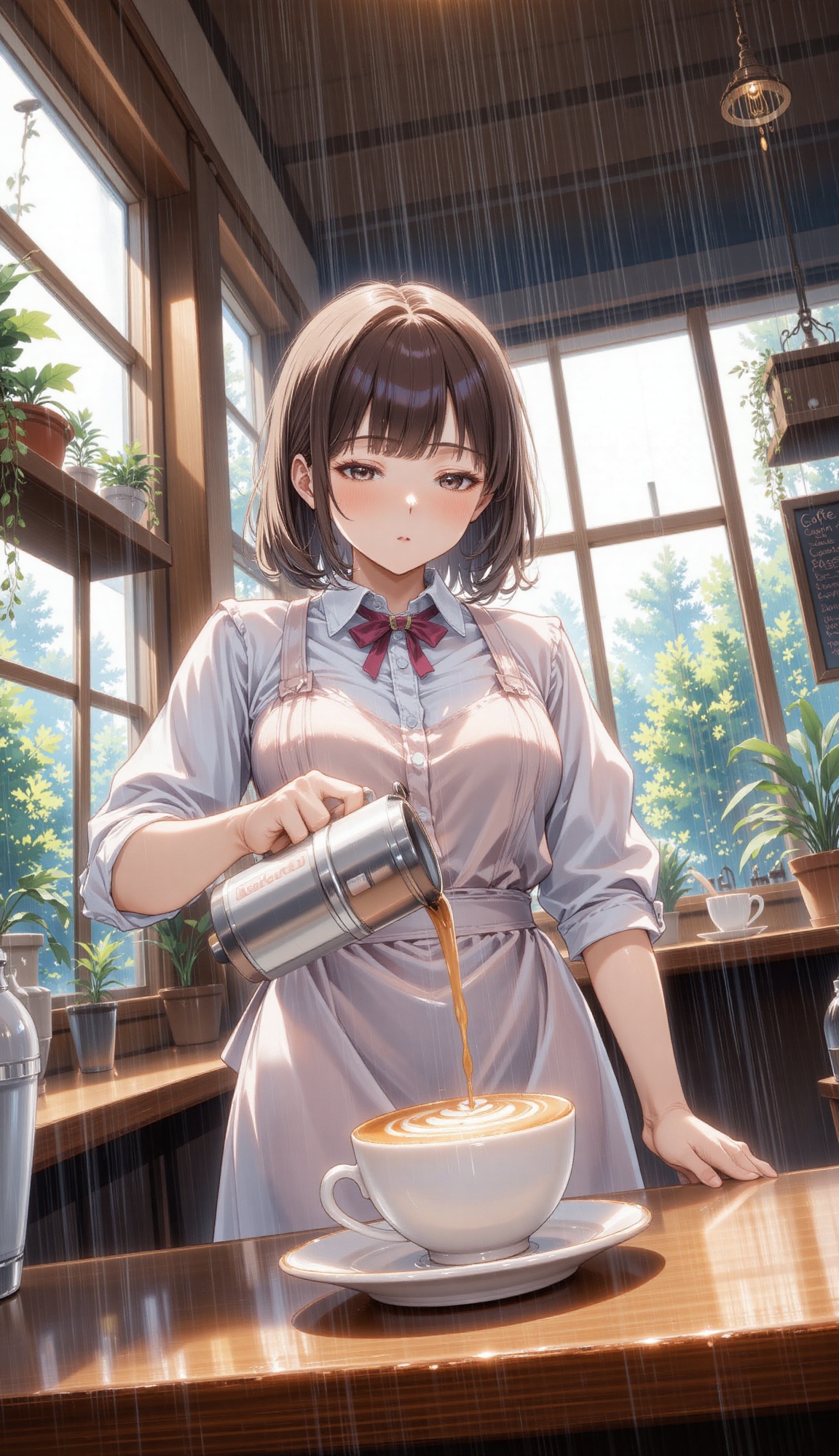 A cafe barista in a pastel apron and rolled-up sleeves carefully pouring latte art on a cappuccino,  framed by hanging pla...