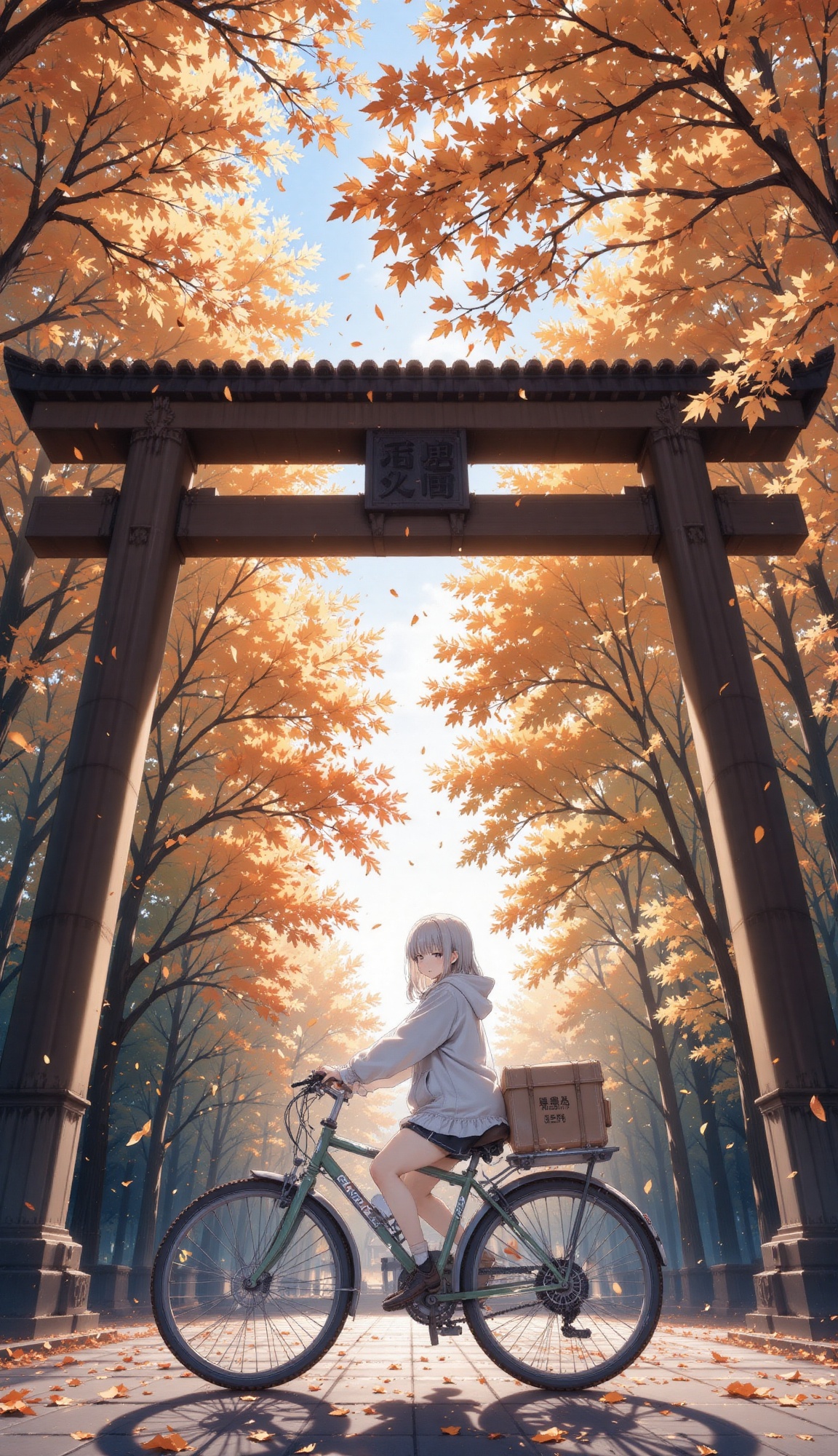 A delivery girl in an oversized hoodie riding a bike under autumn leaves,  framed by the arch of a torii gate and falling...