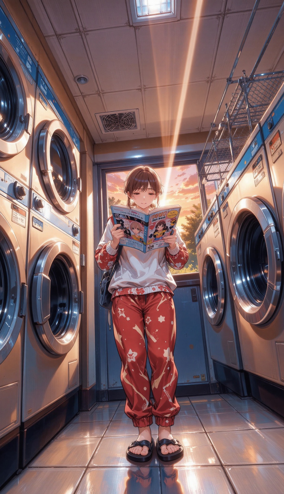 A laundromat attendant in sweats and slippers casually reading manga,  framed by circular washing machine doors and drying...