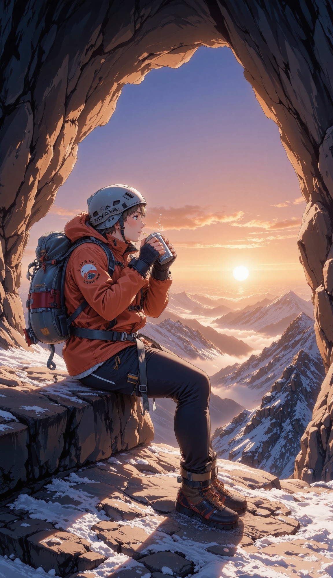 A mountain climber in athletic gear resting on a ledge,  drinking tea from a thermos,  framed by the opening of a cave and...