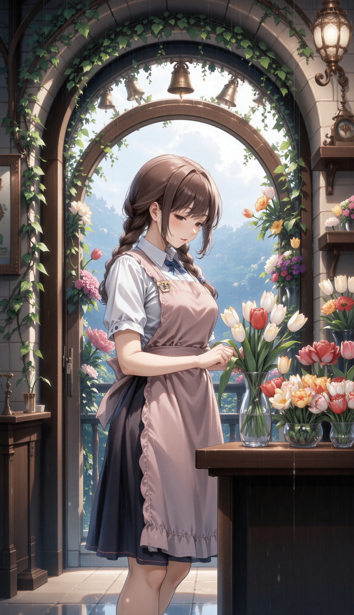 A flower shop owner in apron and braided hair arranging tulips in a vase,  framed by a doorway covered in vines and hangin...