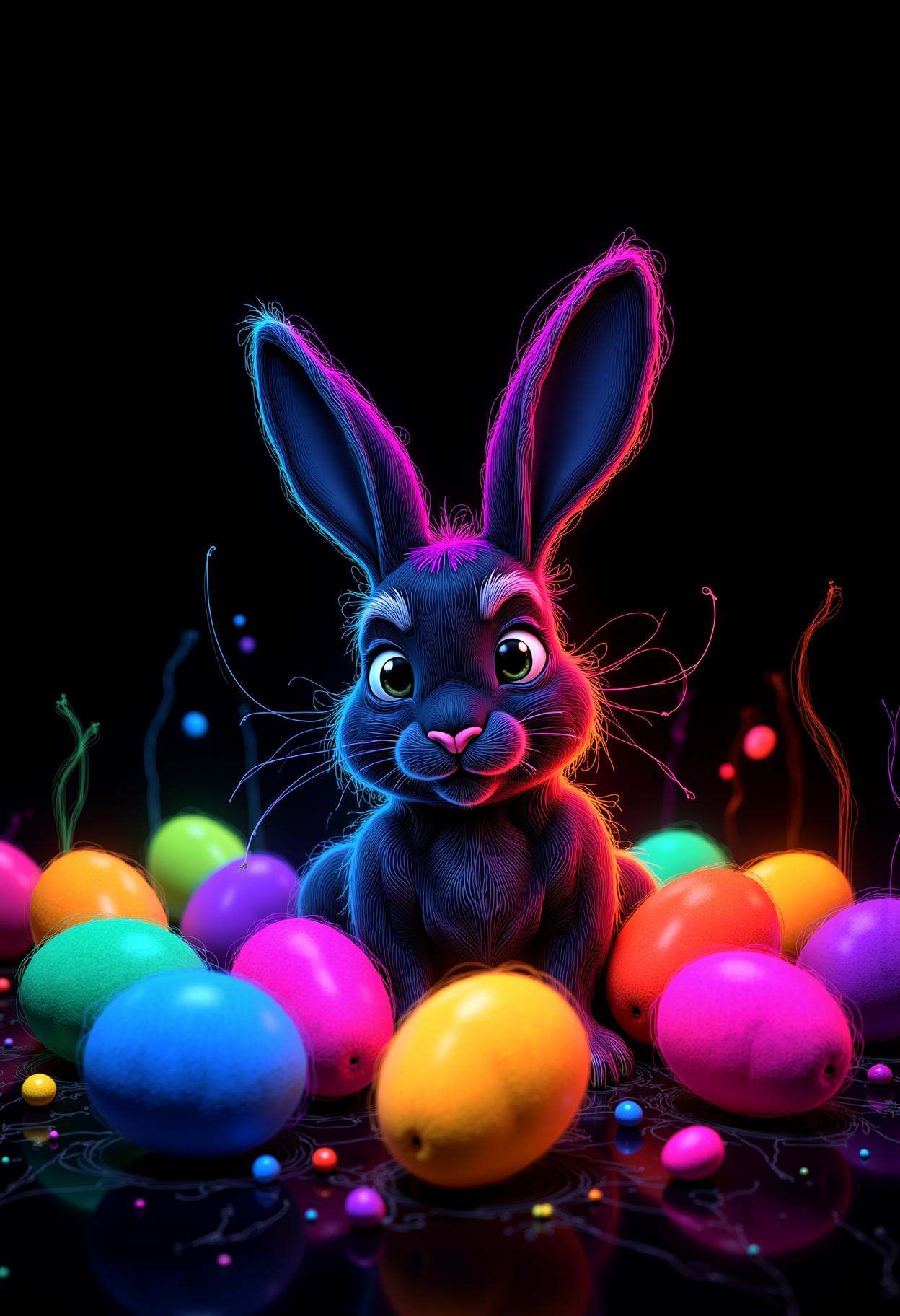 neon line art,  black background,  an easter bunny in a sea of colorful eggs on Tensor.Art