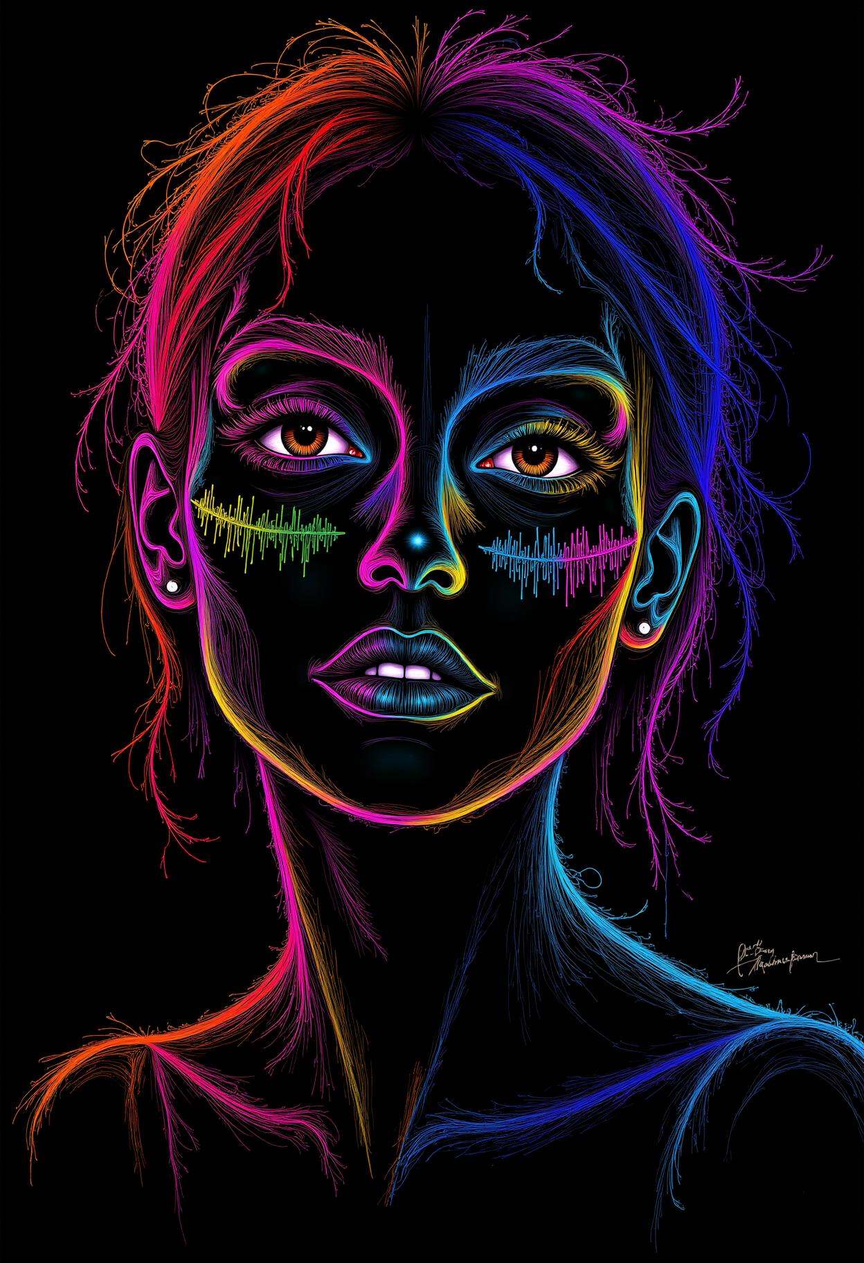 drawing neon line art,  black background,  psychedelic on Tensor.Art