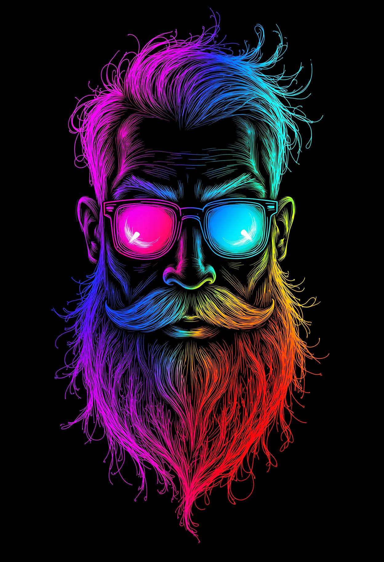 neon line art,  black background,  graphic of a beard with eyes and glasses and watermelon on Tensor.Art