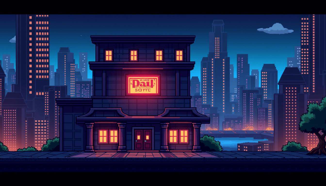8-bit platformer screenshot of the game NESG4ME featuring live active movie,  realstic,  and futuristic architecture. The...