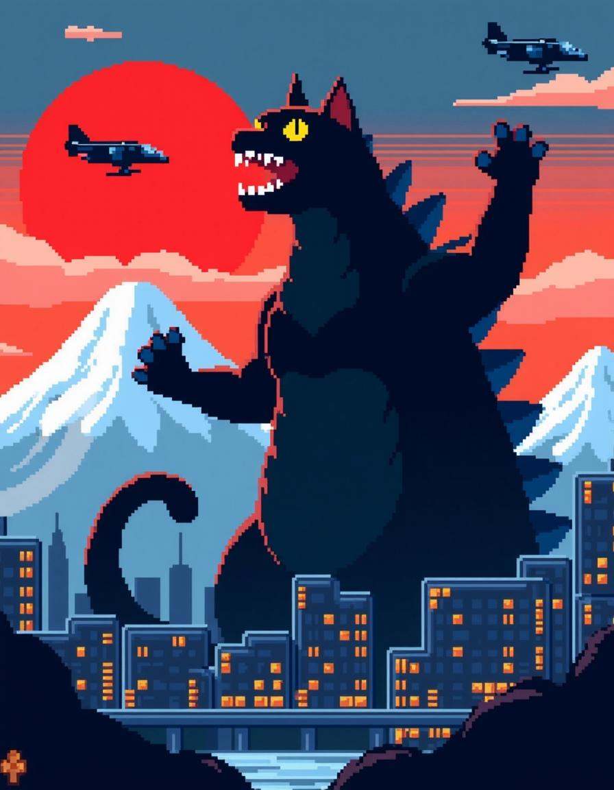 8-bit platformer screenshot of the game NESG4ME featuring a vector design featuring a giant black cat with yellow eyes,  s...