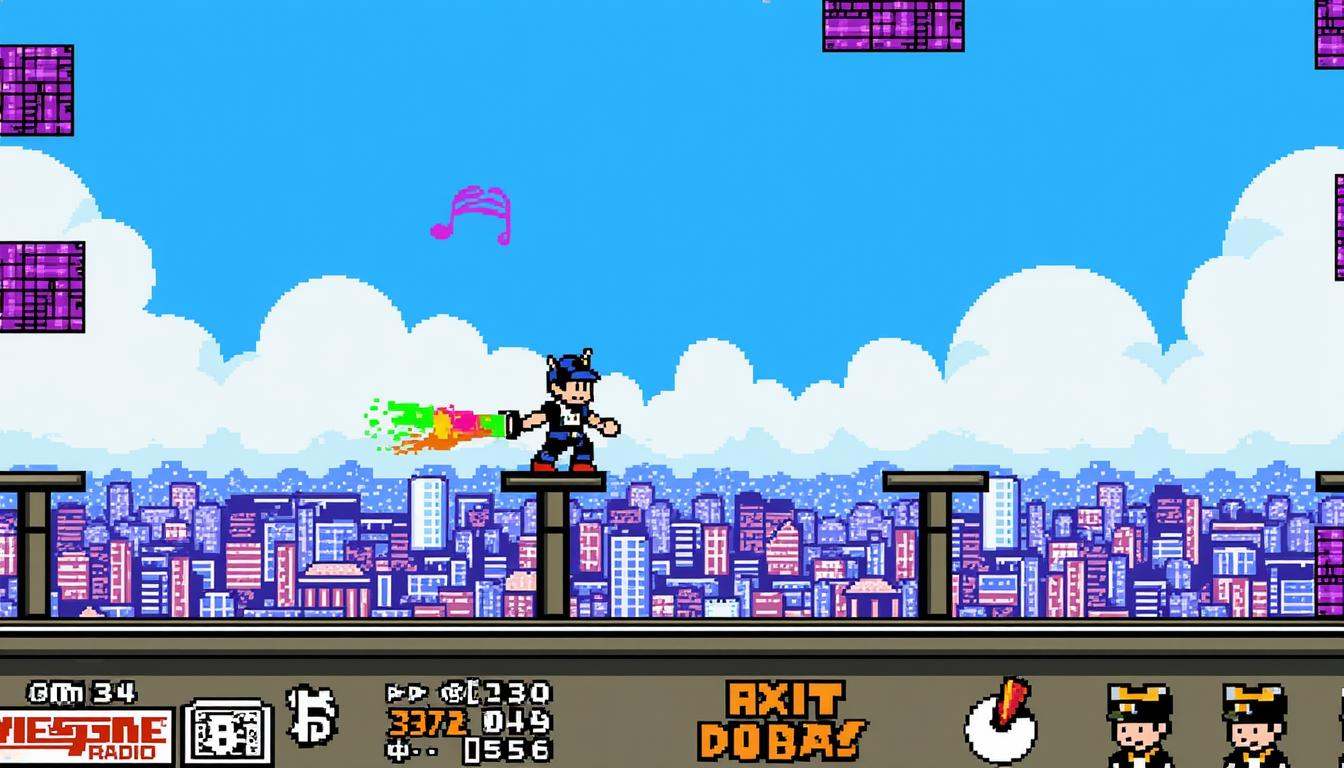 8-bit platformer screenshot of the game NESG4ME featuring Jet Set Radio. A cel-shaded character grinds on a rail,  spray p...