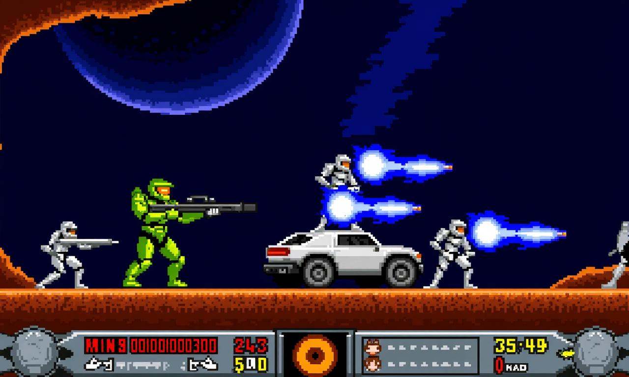 8-bit platformer screenshot of the game NESG4ME featuring Halo: Combat Evolved firefight. Master Chief,  in his iconic gre...