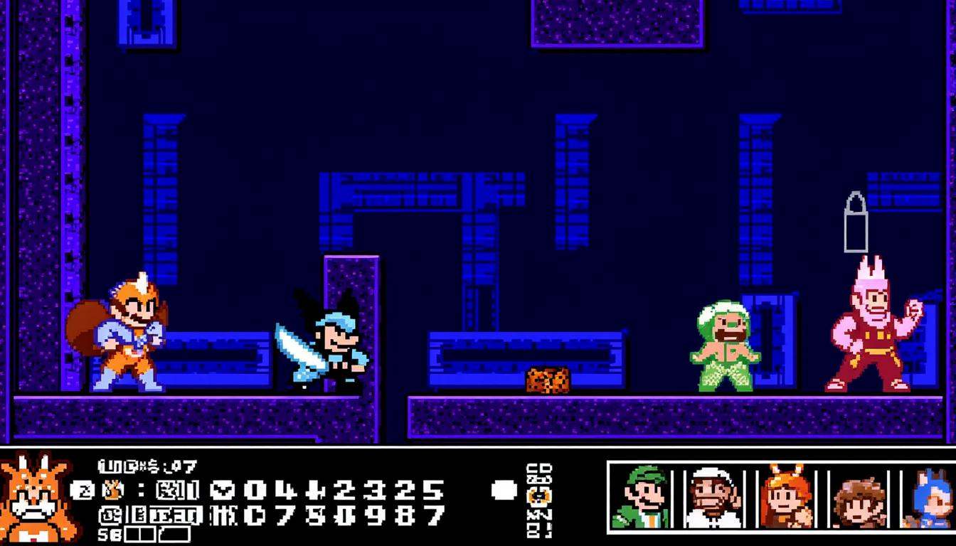 8-bit platformer screenshot of the game NESG4ME showcasing a multi-character swap mechanic during a mid-boss fight. Four d...