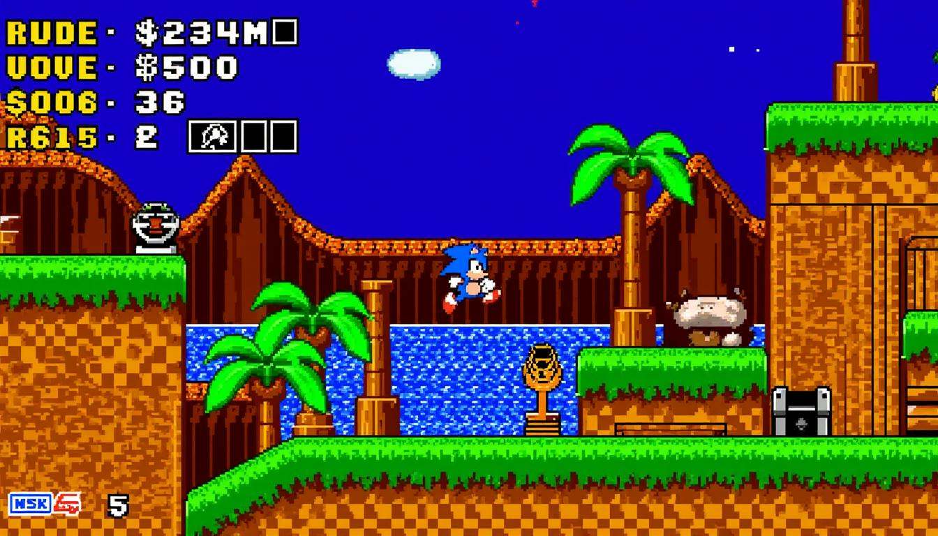 8-bit platformer screenshot of the game NESG4ME featuring Sonic the Hedgehog racing through Green Hill Zone. Palm trees an...