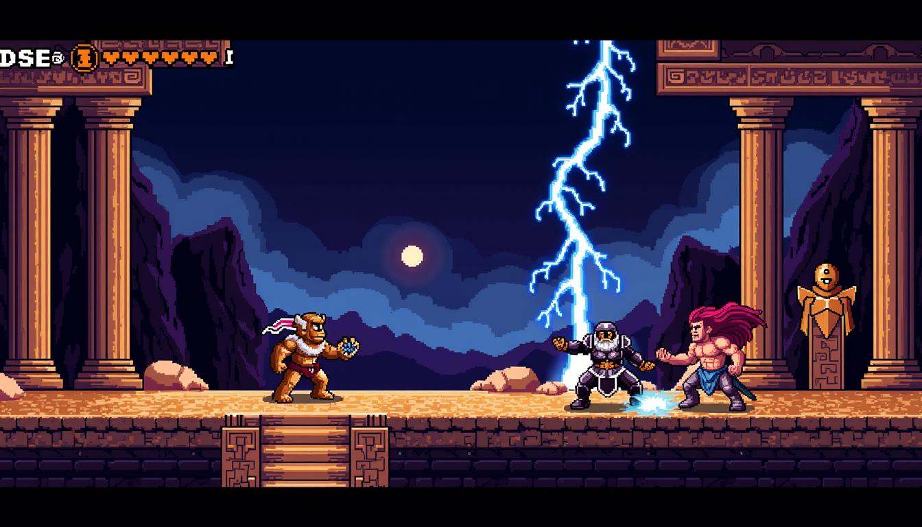 8-bit platformer screenshot of the game NESG4ME featuring a battle between gods in an ancient temple. Pixelated lightning...