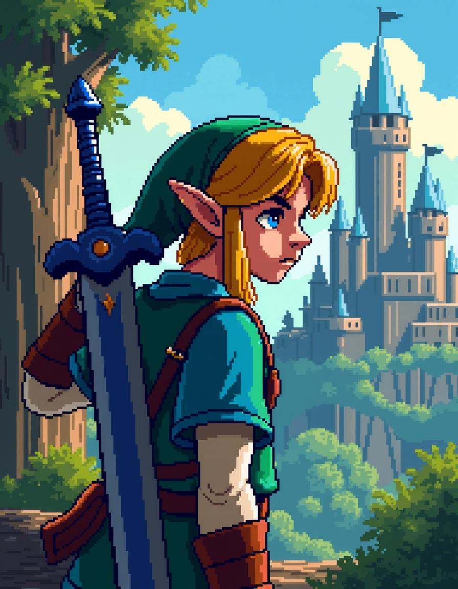 8-bit platformer screenshot of the game NESG4ME featuring a closeup portrait of link,  Legend of Zelda bright dramatic ill...