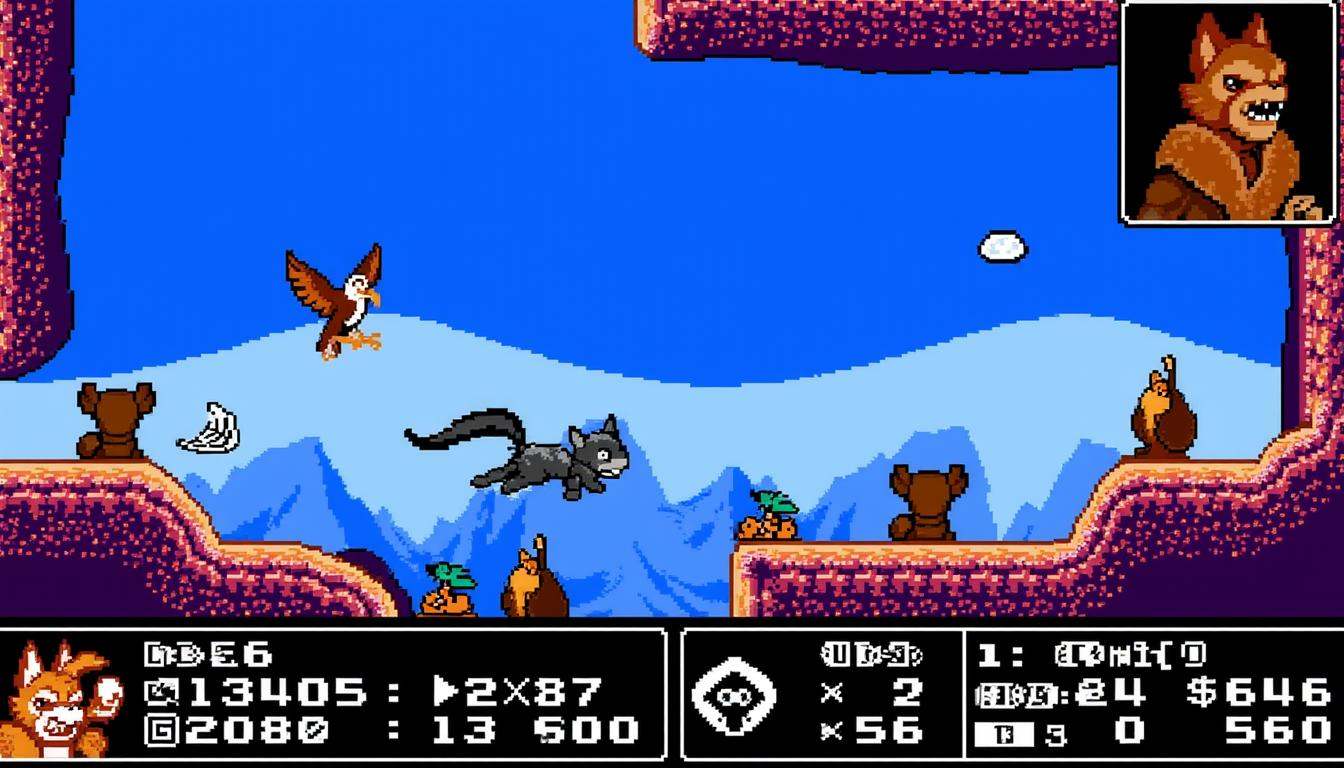 8-bit platformer screenshot of the game NESG4ME featuring a shapeshifting hero mid-morph between eagle and wolf forms. The...