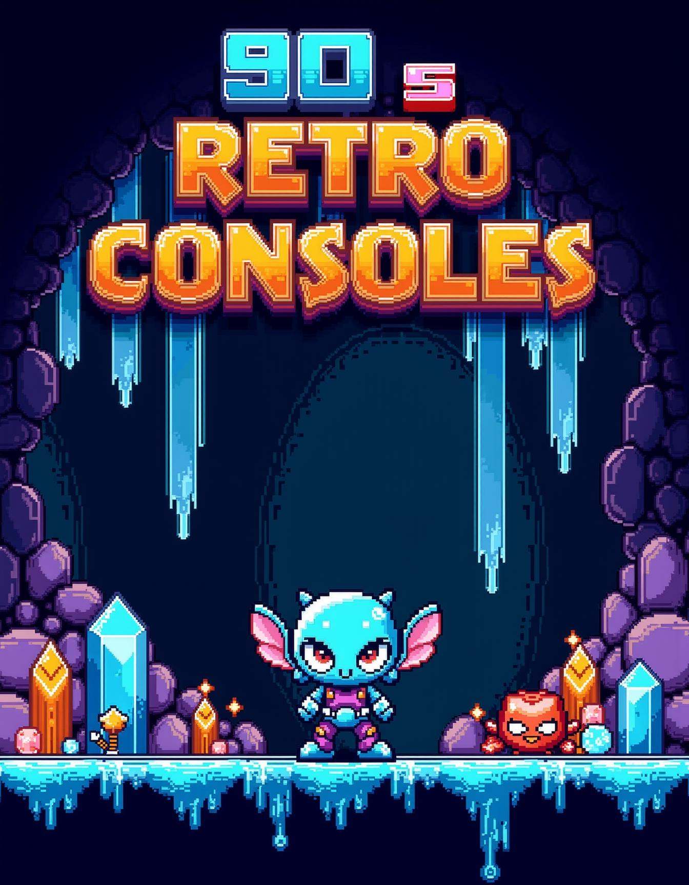 8-bit platformer screenshot of the game featuring ,  big bold colorful fonts:1),  side-scrolling crystal cavern level on T...