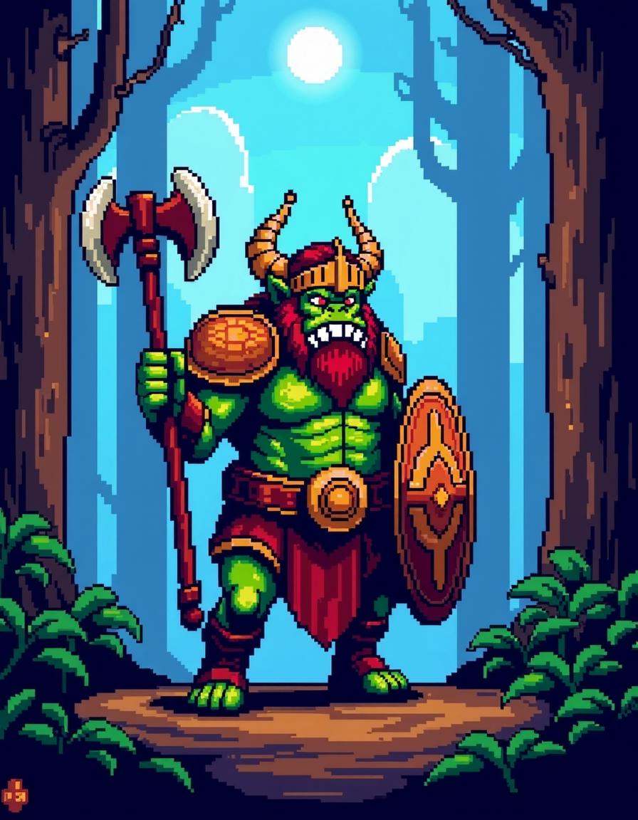 8-bit platformer screenshot of the game NESG4ME featuring a Portrait of an ugly Champion Orc chief wearing a tribal armor...