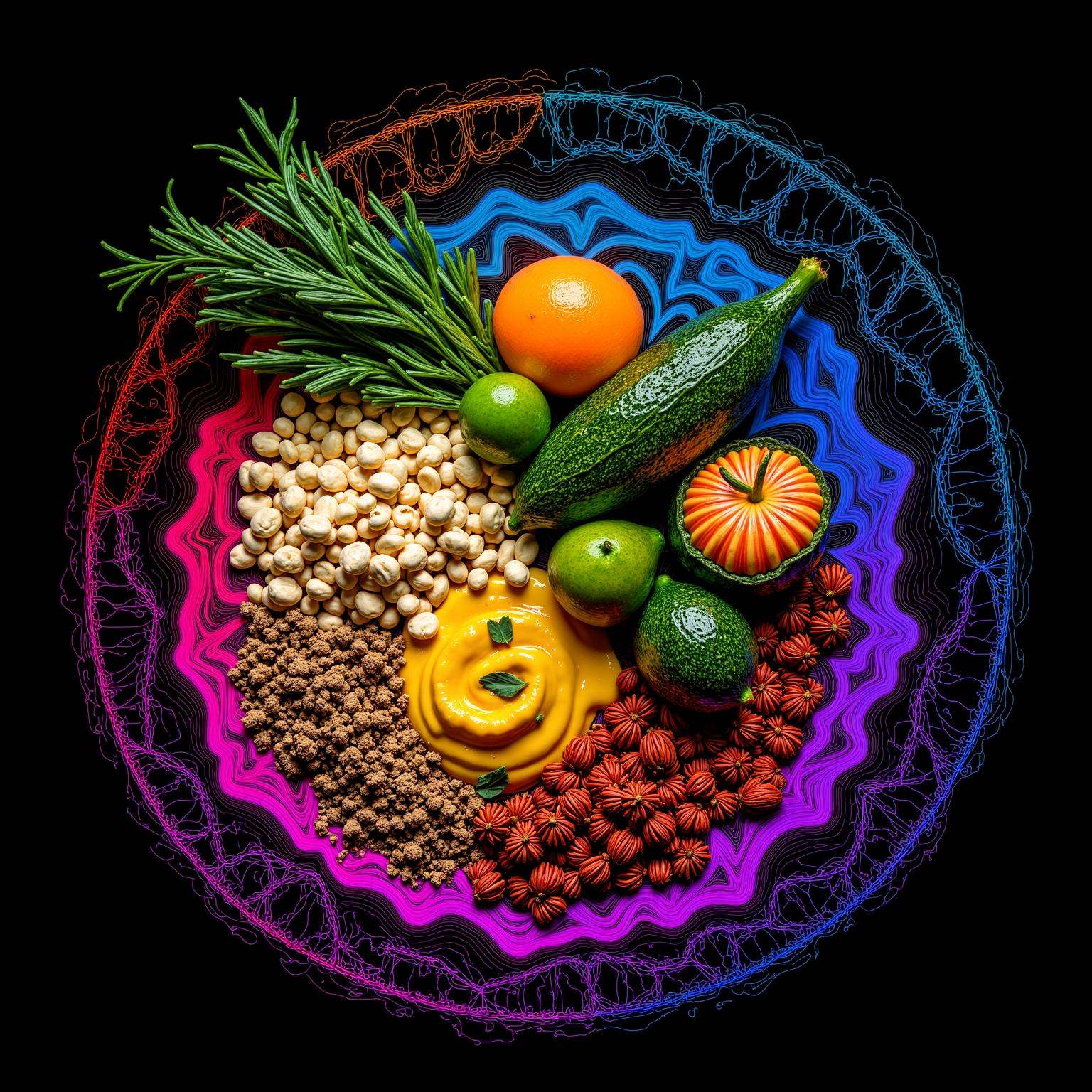 neon line art,  black background,  A fantastical food photograph combining forest-foraged ingredients with desert-inspired...