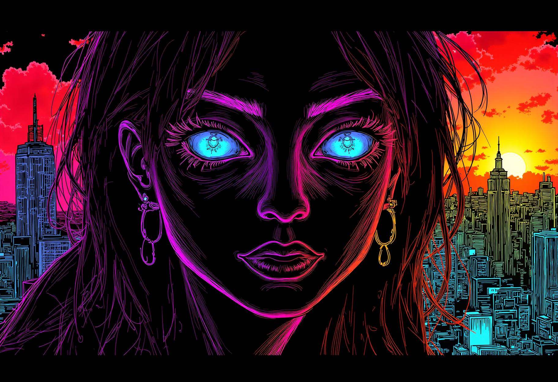 neon line art,  drawing,  black background on Tensor.Art