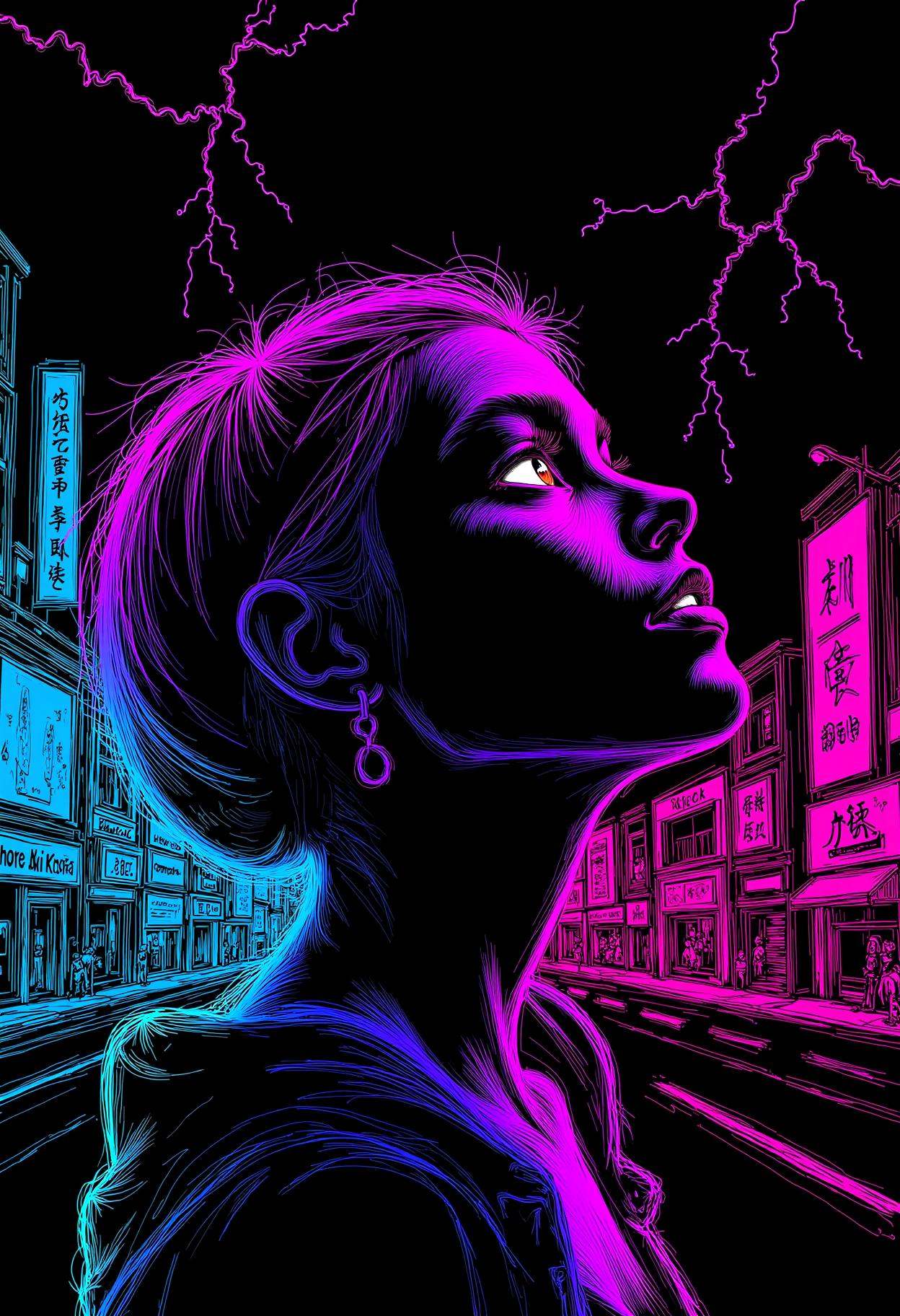 neon line art,  drawing,  black background on Tensor.Art
