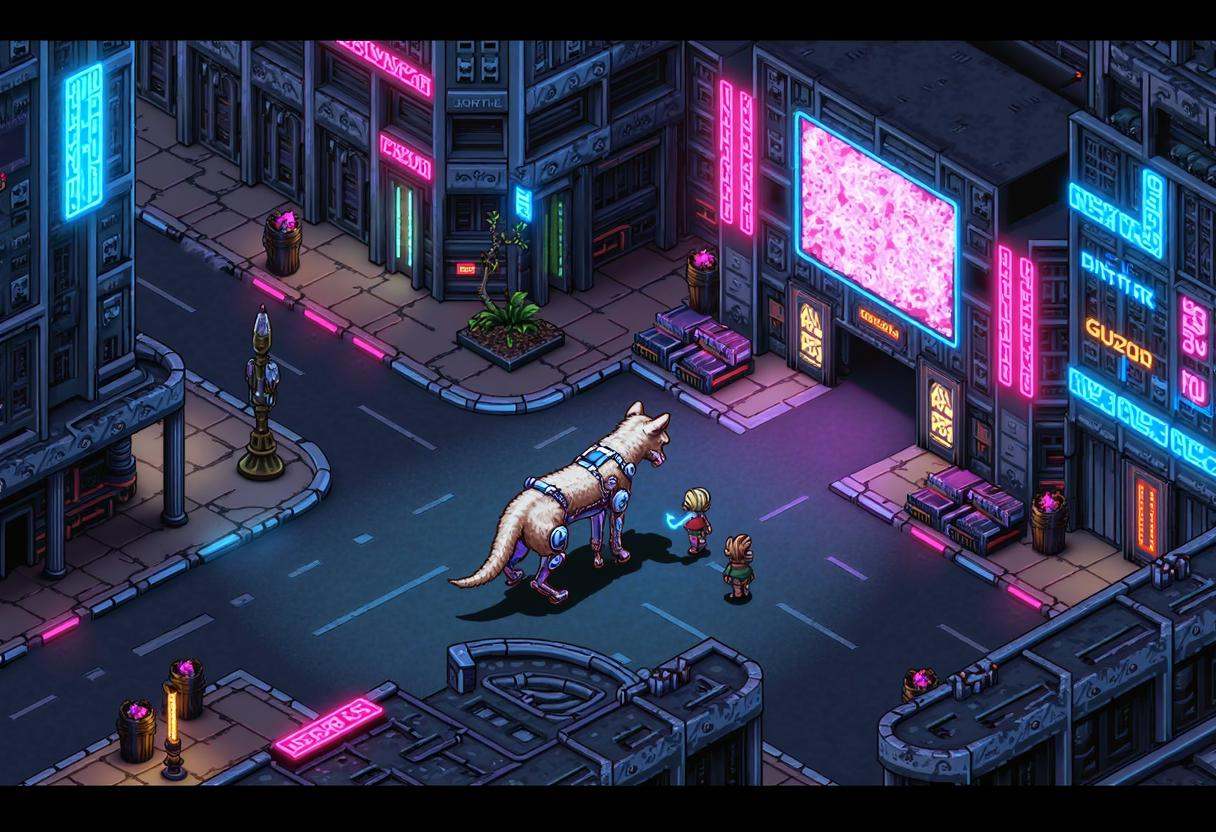 Retro 16-bit screenshot from a 16BITGAME pixelated game,  ,  Expansive overhead view RPG scene showcasing a cyborg hyena i...
