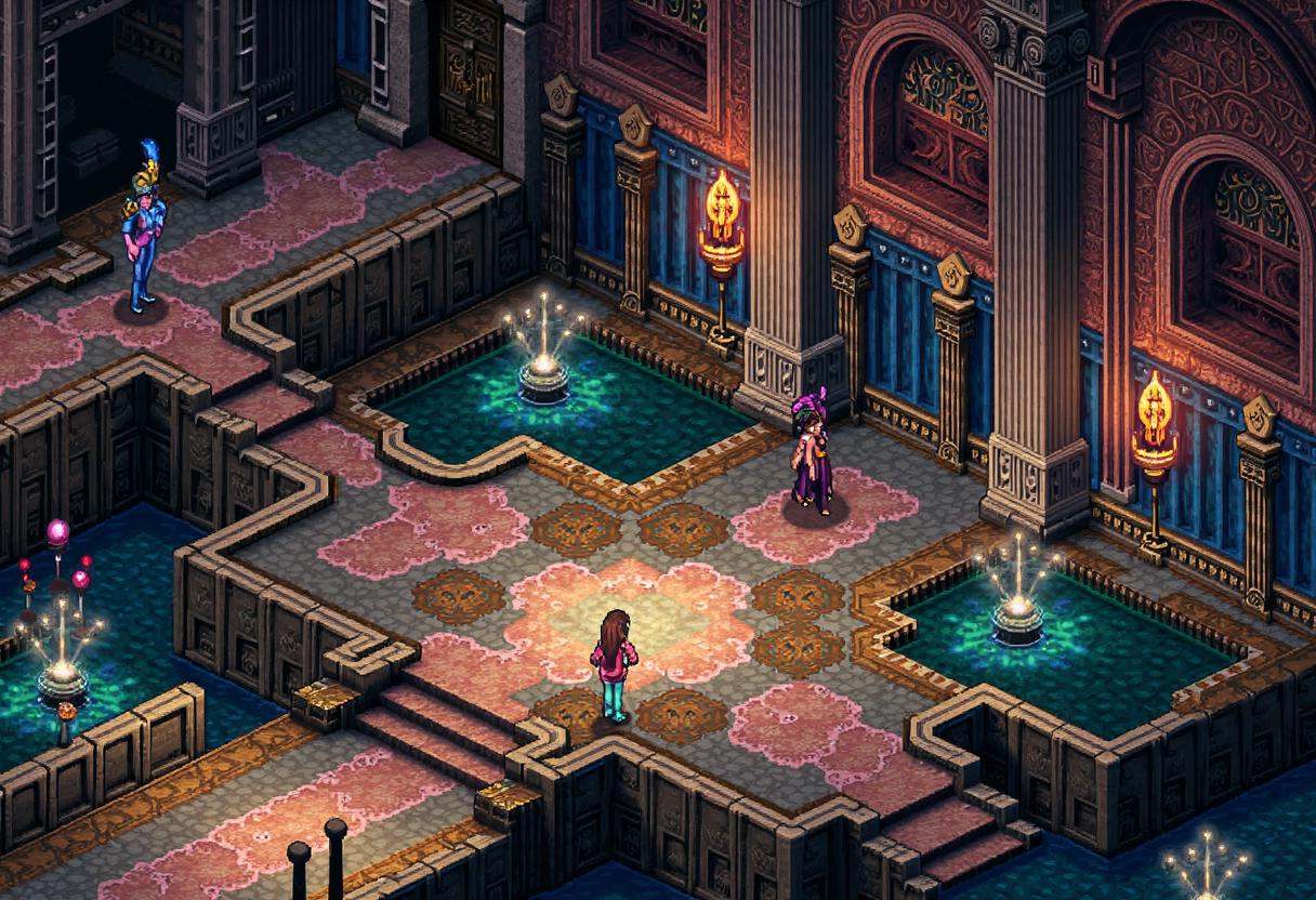 Retro 16-bit screenshot from a 16BITGAME pixelated game,  ,  Expansive isometric RPG vista of sprawling underground city b...