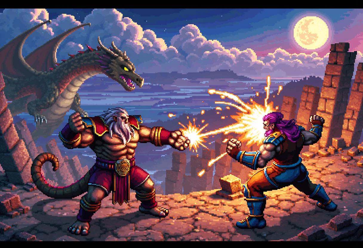Retro 16-bit screenshot from a 16BITGAME pixelated game,  ,  Explosive aerial view of a titanic clash between two colossal...
